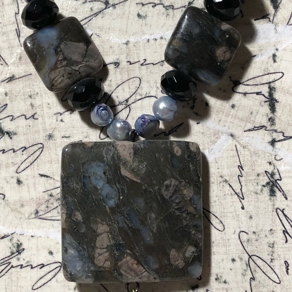 Handmade beaded gemstone, pearl and glass necklace in blues - Picture 3 of 6